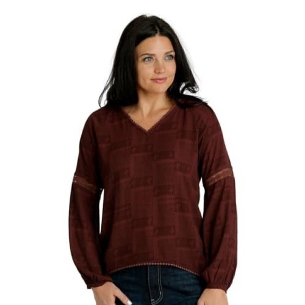 Cruel Denim Women's MD Long Sleeve Pom Pom Lace Trim Cactus Print Shirt - Red